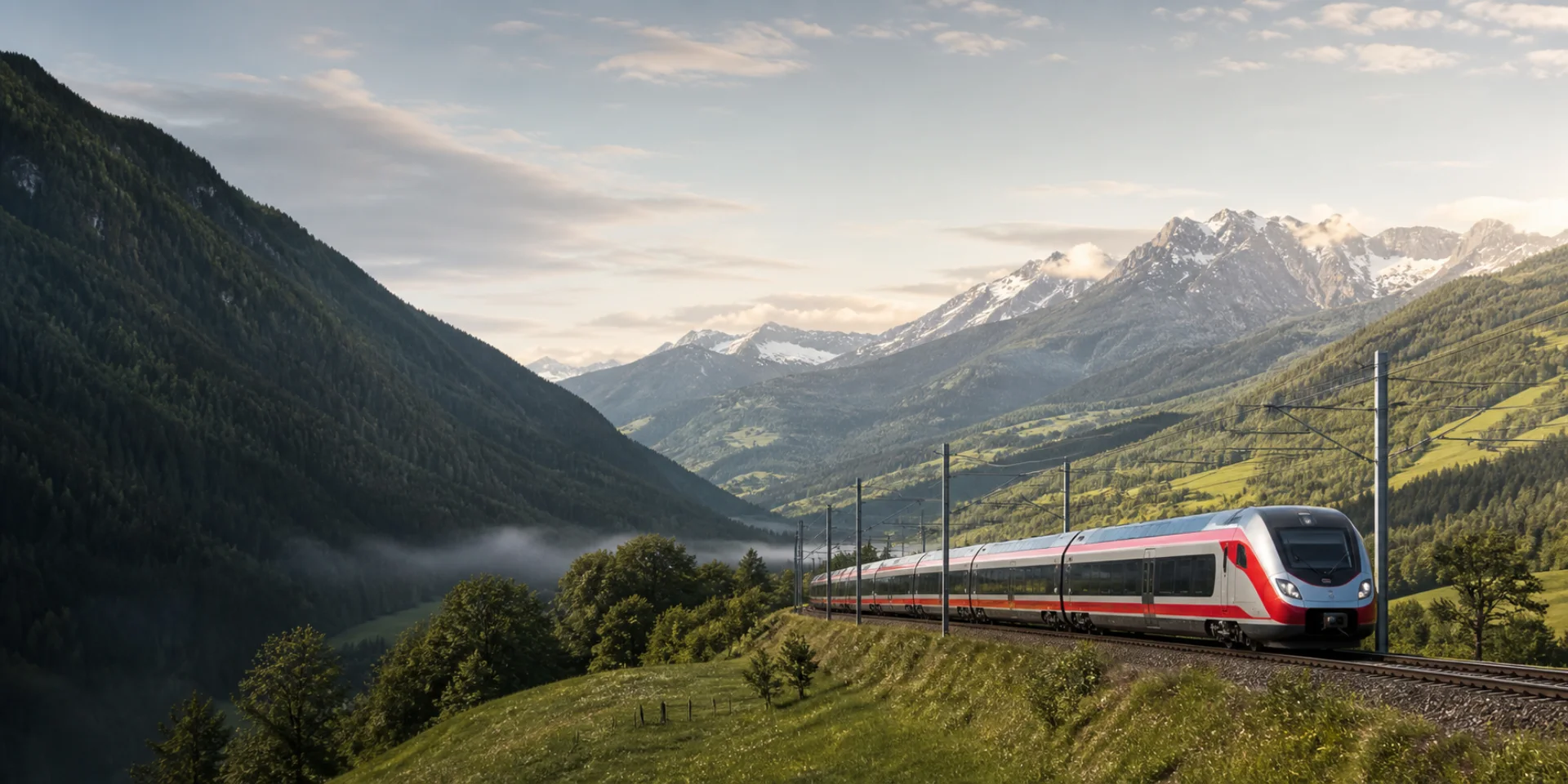 A red train travelling through the Austrian Alps